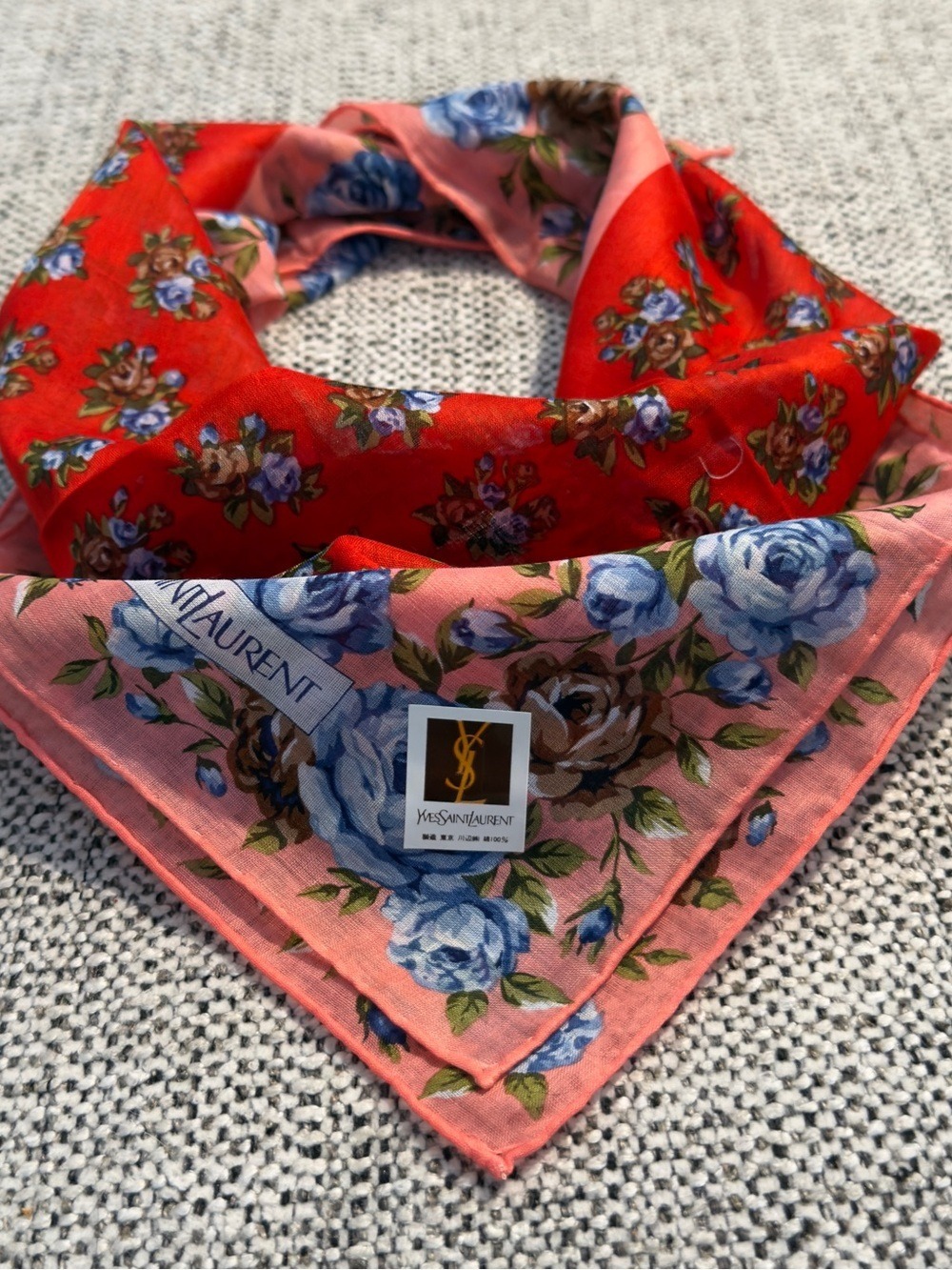 Yves Saint Laurent Red and Pink Floral cotton Scarf / Handkerchief